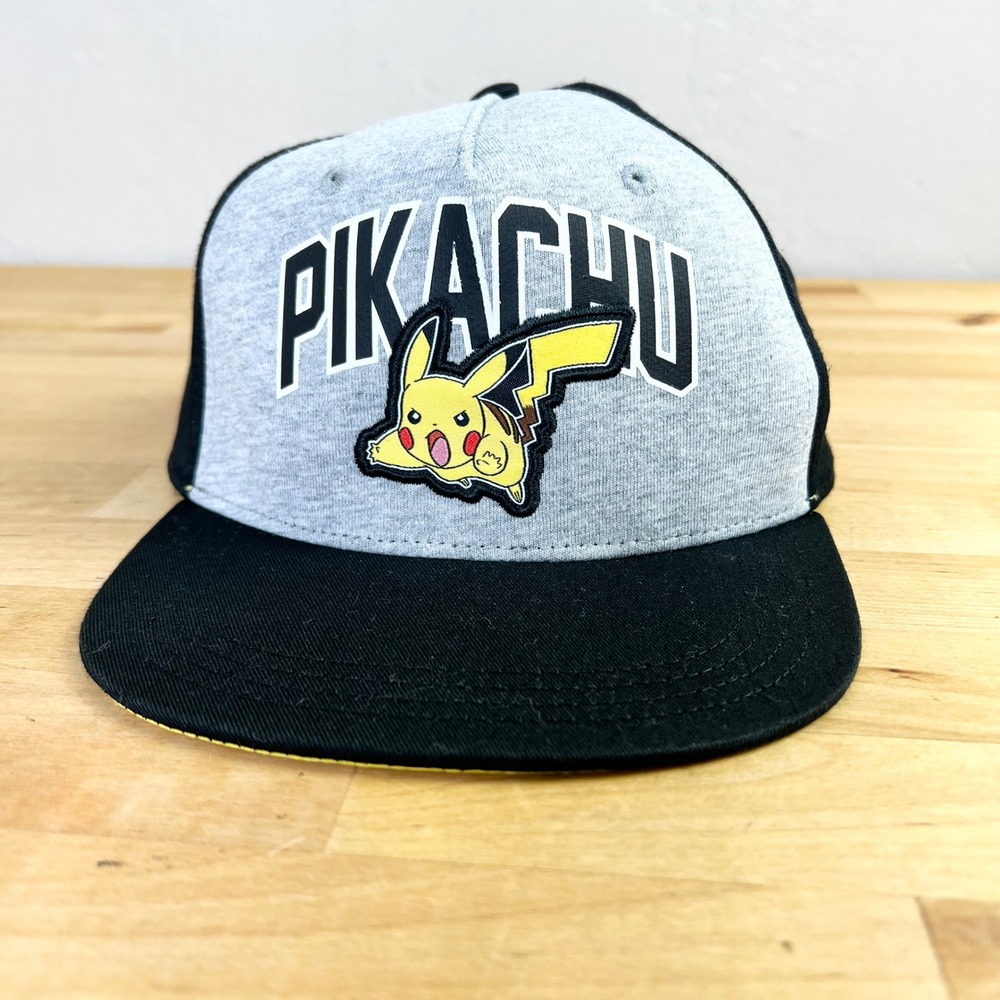 Pokemon Hat Pikachu Snapback Youth Size OSFM Gray Black Yellow Patch‎ Flat Brim